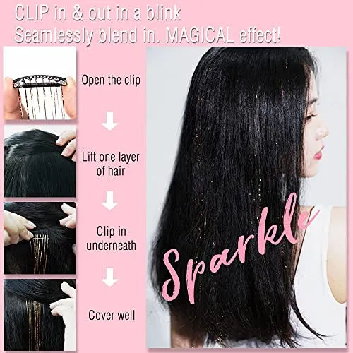 12pcs Glitter Tinsel Hair Extensions Kit: 19.6 Inch Heat Resistant Clip-In Strands, Sparkling Festival Accessories for Girls, Women, Kids Party Dazzle, COLOR FUSION