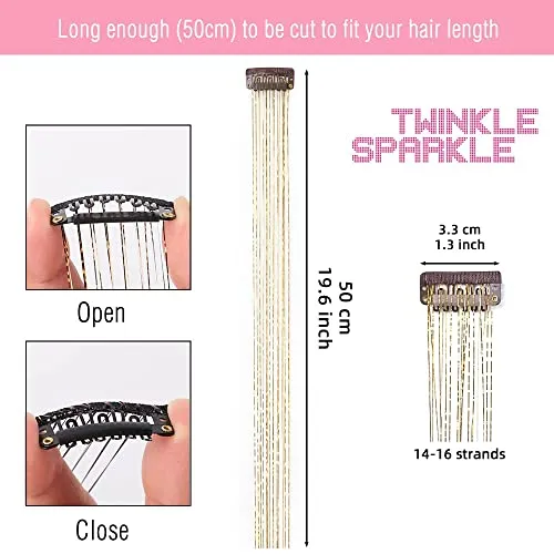 12pcs Glitter Tinsel Hair Extensions Kit: 19.6 Inch Heat Resistant Clip-In Strands, Sparkling Festival Accessories for Girls, Women, Kids Party Dazzle, COLOR FUSION