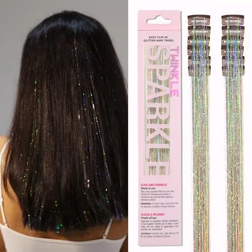 12pcs Glitter Tinsel Hair Extensions Kit: 19.6 Inch Heat Resistant Clip-In Strands, Sparkling Festival Accessories for Girls, Women, Kids Party Dazzle, COLOR FUSION