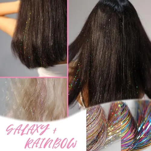 12pcs Glitter Tinsel Hair Extensions Kit: 19.6 Inch Heat Resistant Clip-In Strands, Sparkling Festival Accessories for Girls, Women, Kids Party Dazzle, COLOR FUSION