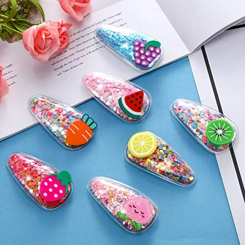 15 Pieces Snap Hair Clips for Girls Sparkle Fruit Transparent Hair Clips Quicksand Bling Sequin Hairpins Sweet Barrette Styling Accessories Gift for Children Girls