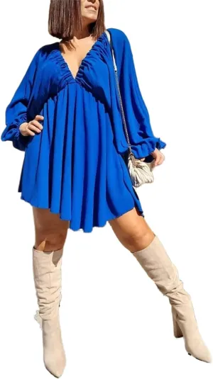 2024 Women's Summer Sexy Deep V Neck Mini Dresses High Waist Swing Beach Sundress Backless Puff Long Sleeve Ruffle Short