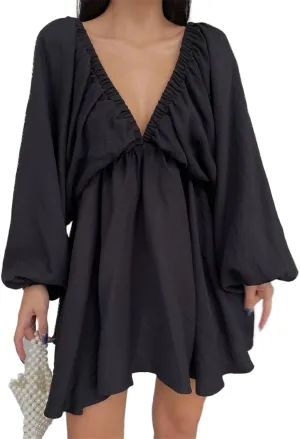 2024 Women's Summer Sexy Deep V Neck Mini Dresses High Waist Swing Beach Sundress Backless Puff Long Sleeve Ruffle Short