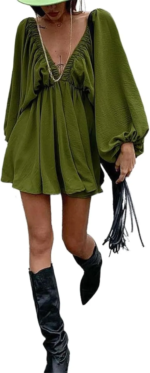 2024 Women's Summer Sexy Deep V Neck Mini Dresses High Waist Swing Beach Sundress Backless Puff Long Sleeve Ruffle Short