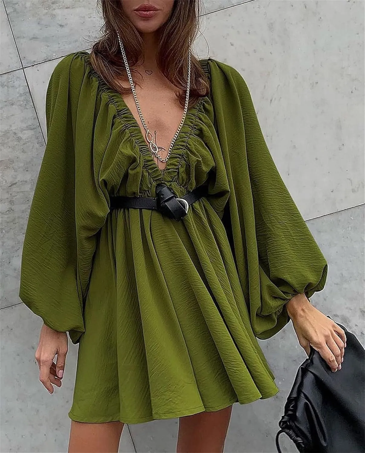 2024 Women's Summer Sexy Deep V Neck Mini Dresses High Waist Swing Beach Sundress Backless Puff Long Sleeve Ruffle Short