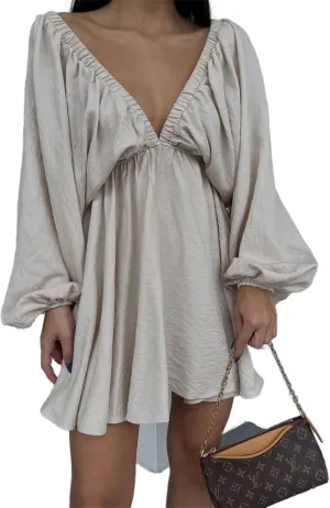 2024 Women's Summer Sexy Deep V Neck Mini Dresses High Waist Swing Beach Sundress Backless Puff Long Sleeve Ruffle Short
