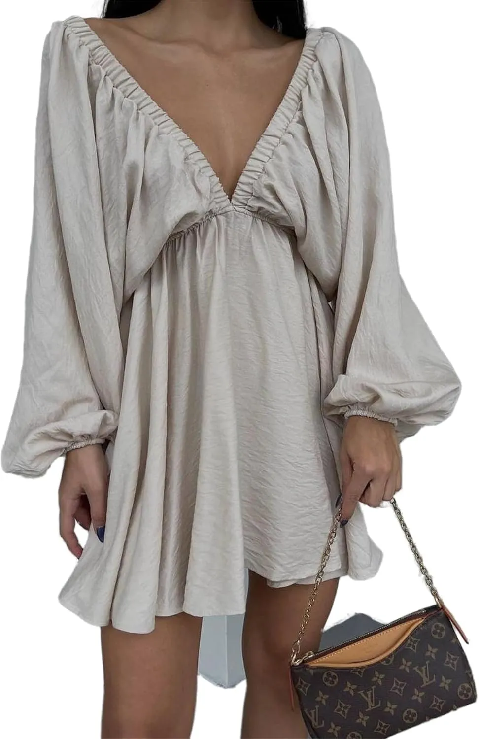 2024 Women's Summer Sexy Deep V Neck Mini Dresses High Waist Swing Beach Sundress Backless Puff Long Sleeve Ruffle Short