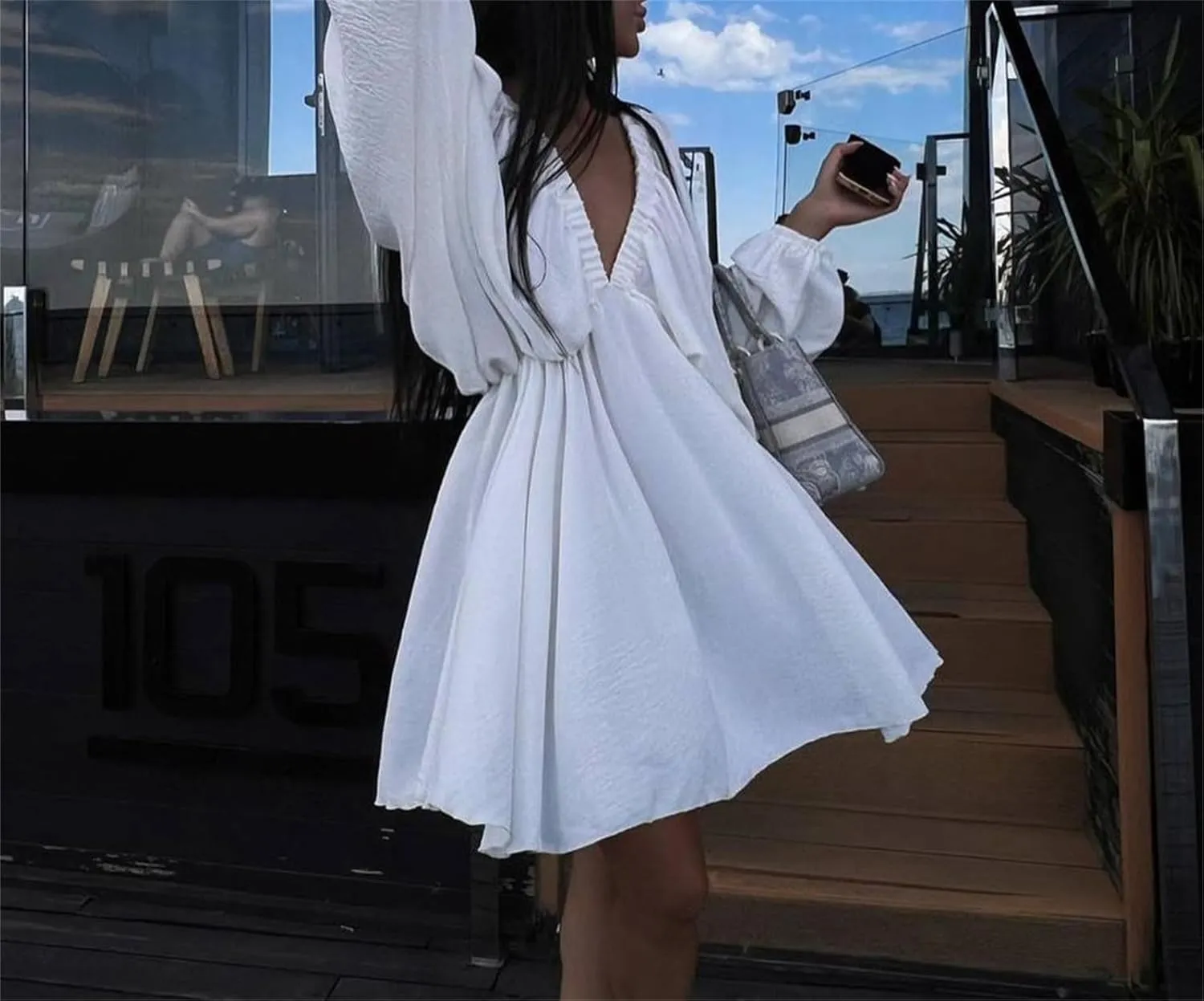 2024 Women's Summer Sexy Deep V Neck Mini Dresses High Waist Swing Beach Sundress Backless Puff Long Sleeve Ruffle Short