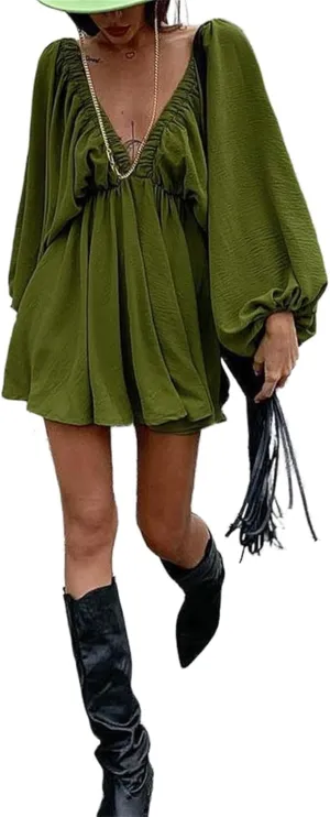 2024 Women's Summer Sexy Deep V Neck Mini Dresses High Waist Swing Beach Sundress Backless Puff Long Sleeve Ruffle Short