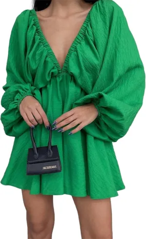 2024 Women's Summer Sexy Deep V Neck Mini Dresses High Waist Swing Beach Sundress Backless Puff Long Sleeve Ruffle Short