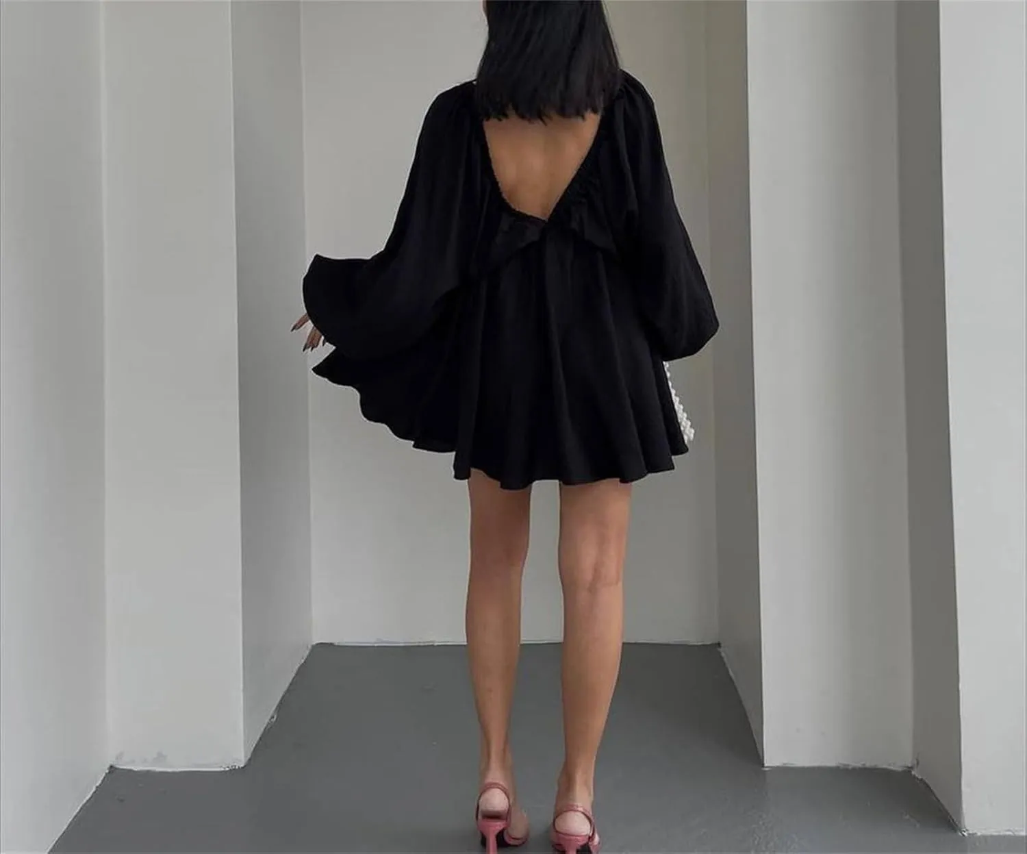 2024 Women's Summer Sexy Deep V Neck Mini Dresses High Waist Swing Beach Sundress Backless Puff Long Sleeve Ruffle Short