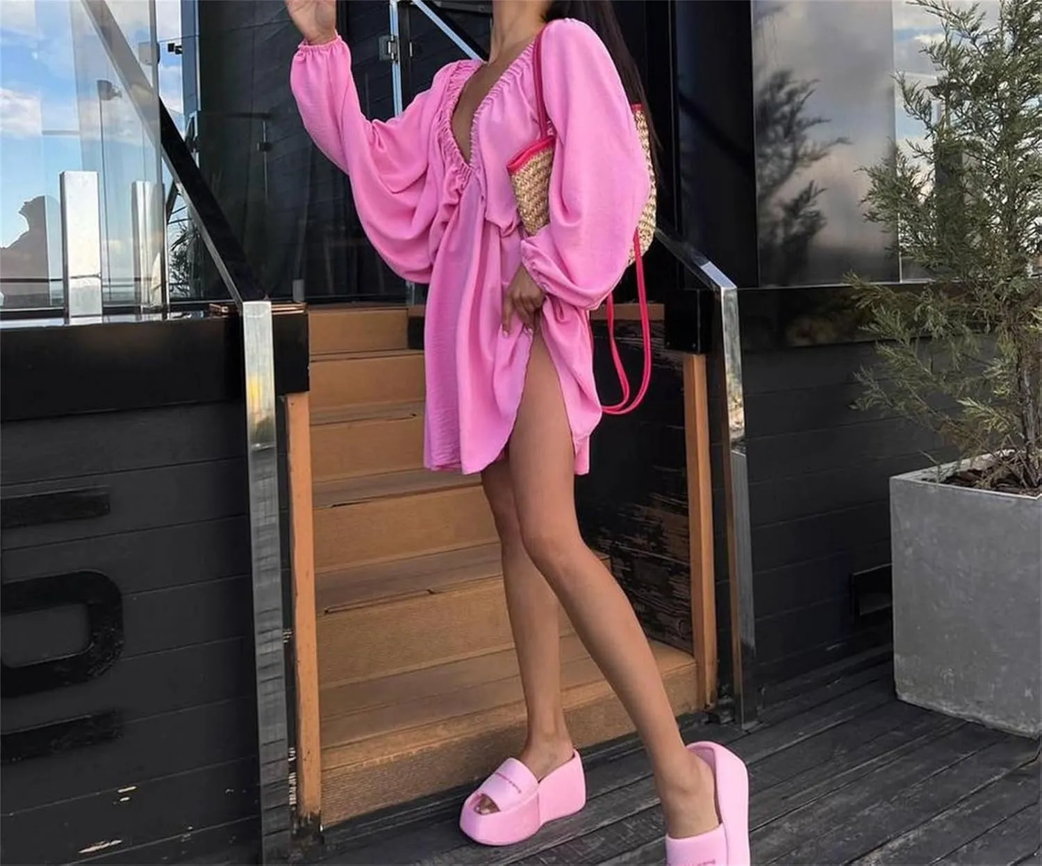 2024 Women's Summer Sexy Deep V Neck Mini Dresses High Waist Swing Beach Sundress Backless Puff Long Sleeve Ruffle Short