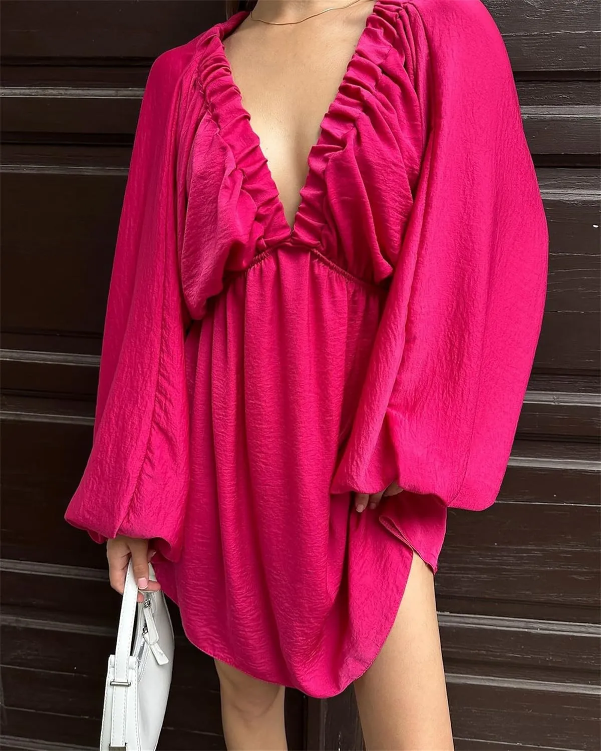 2024 Women's Summer Sexy Deep V Neck Mini Dresses High Waist Swing Beach Sundress Backless Puff Long Sleeve Ruffle Short