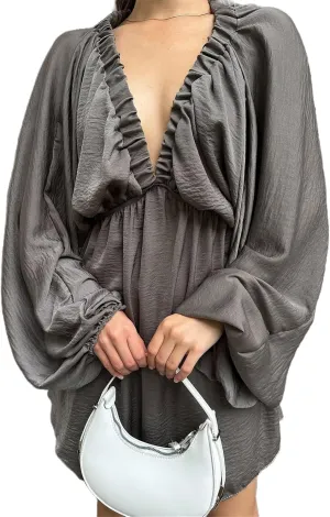 2024 Women's Summer Sexy Deep V Neck Mini Dresses High Waist Swing Beach Sundress Backless Puff Long Sleeve Ruffle Short