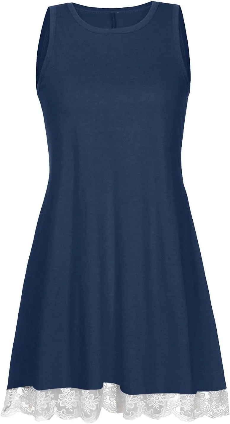2025 Sleeveless Mini Dress for Women Casual A Line Tank Sundress with Lace Hem Loose Fit Soft Flowy Summer Dresses