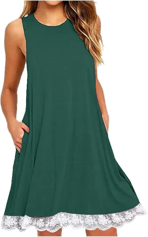 2025 Sleeveless Mini Dress for Women Casual A Line Tank Sundress with Lace Hem Loose Fit Soft Flowy Summer Dresses