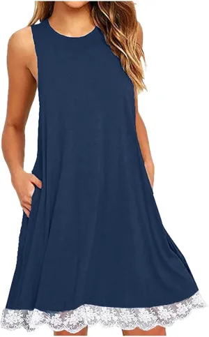 2025 Sleeveless Mini Dress for Women Casual A Line Tank Sundress with Lace Hem Loose Fit Soft Flowy Summer Dresses