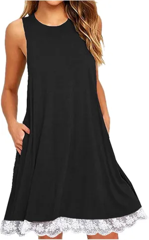 2025 Sleeveless Mini Dress for Women Casual A Line Tank Sundress with Lace Hem Loose Fit Soft Flowy Summer Dresses