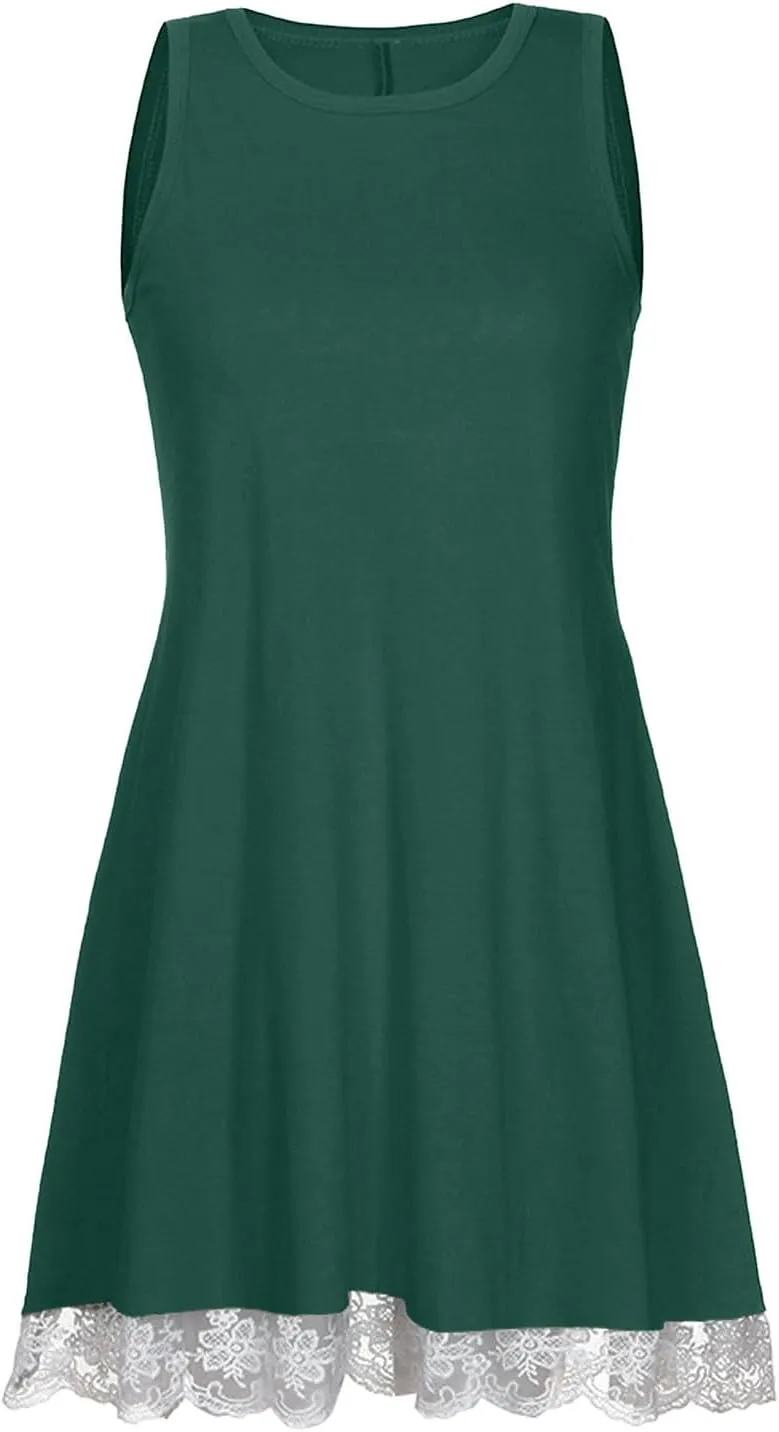 2025 Sleeveless Mini Dress for Women Casual A Line Tank Sundress with Lace Hem Loose Fit Soft Flowy Summer Dresses