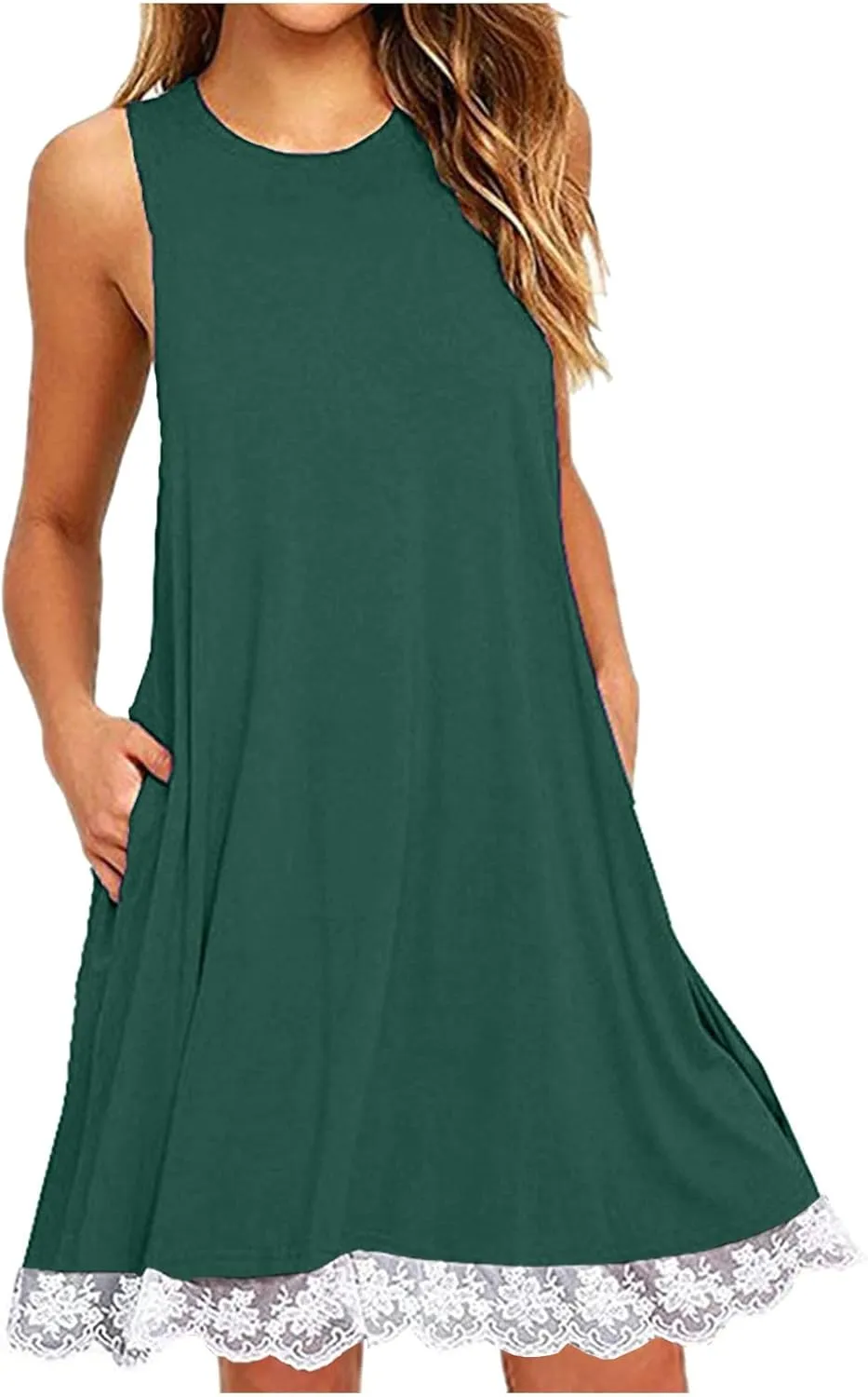 2025 Sleeveless Mini Dress for Women Casual A Line Tank Sundress with Lace Hem Loose Fit Soft Flowy Summer Dresses