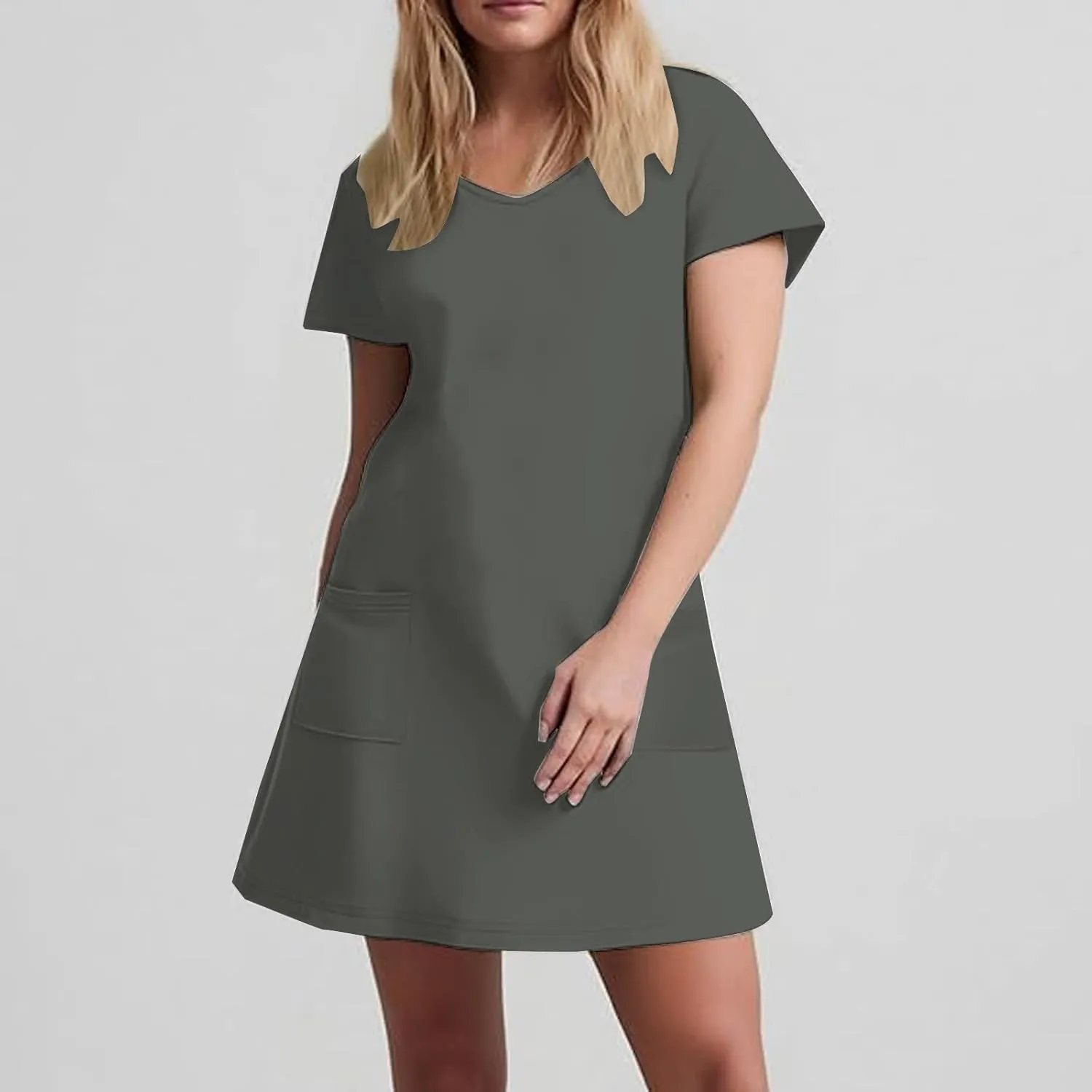 2025 Summer Dresses for Women Solid Color Short Sleeve Pleated A-Linen Dress Casual V-Neck Comfy Soft Home Dress