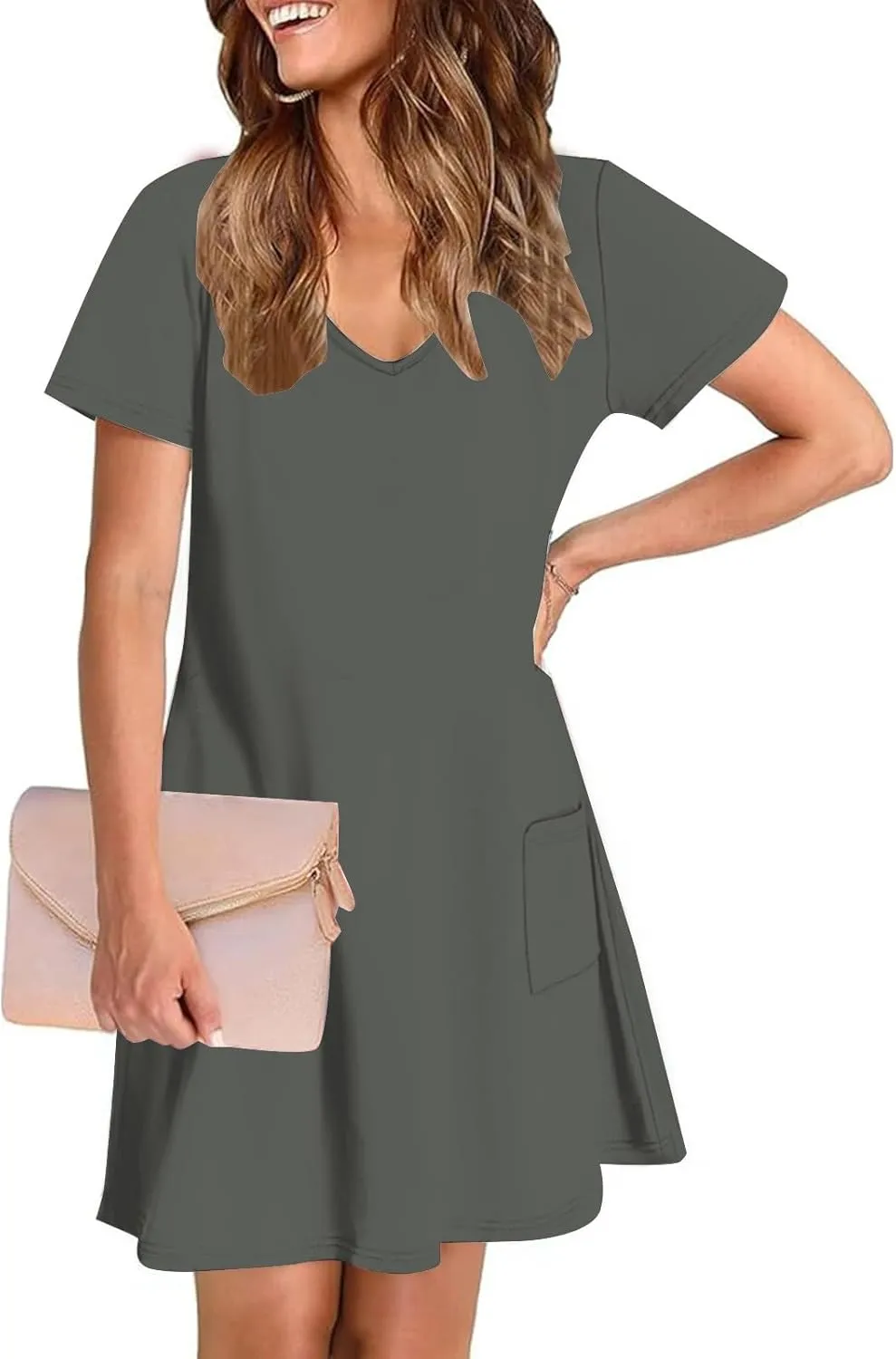 2025 Summer Dresses for Women Solid Color Short Sleeve Pleated A-Linen Dress Casual V-Neck Comfy Soft Home Dress
