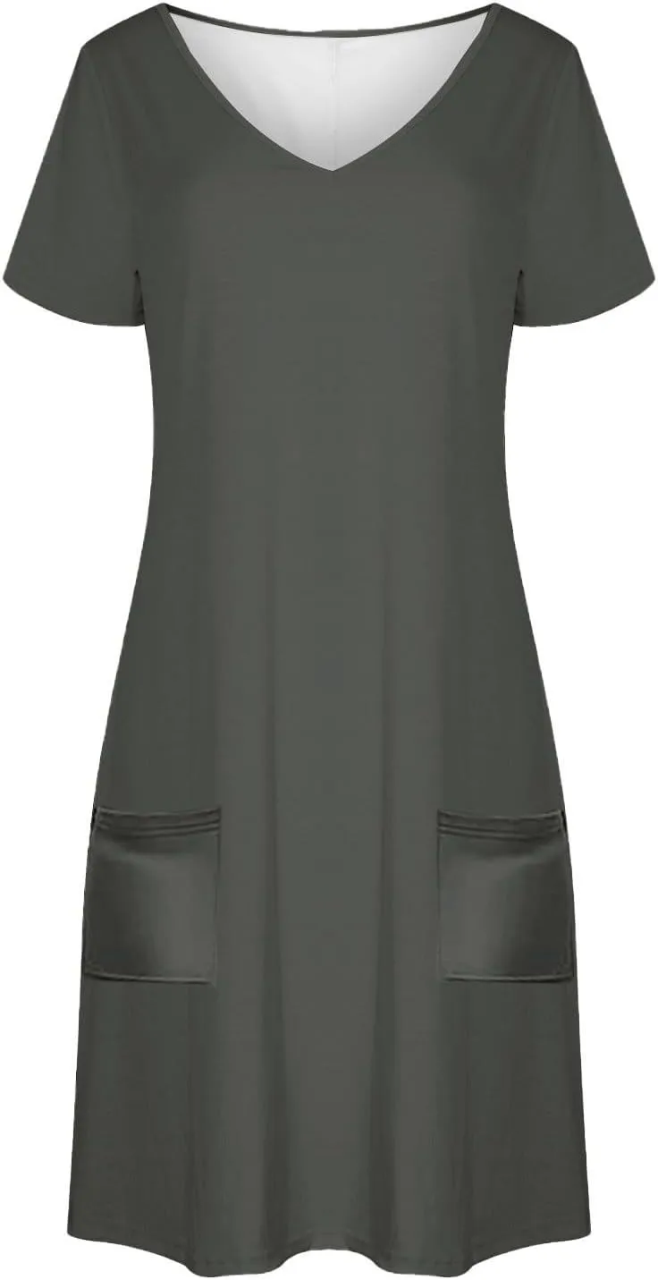 2025 Summer Dresses for Women Solid Color Short Sleeve Pleated A-Linen Dress Casual V-Neck Comfy Soft Home Dress