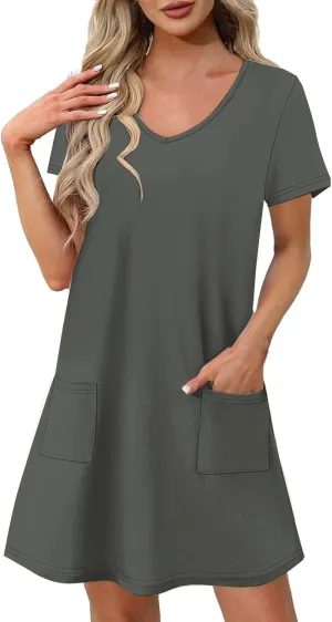 2025 Summer Dresses for Women Solid Color Short Sleeve Pleated A-Linen Dress Casual V-Neck Comfy Soft Home Dress