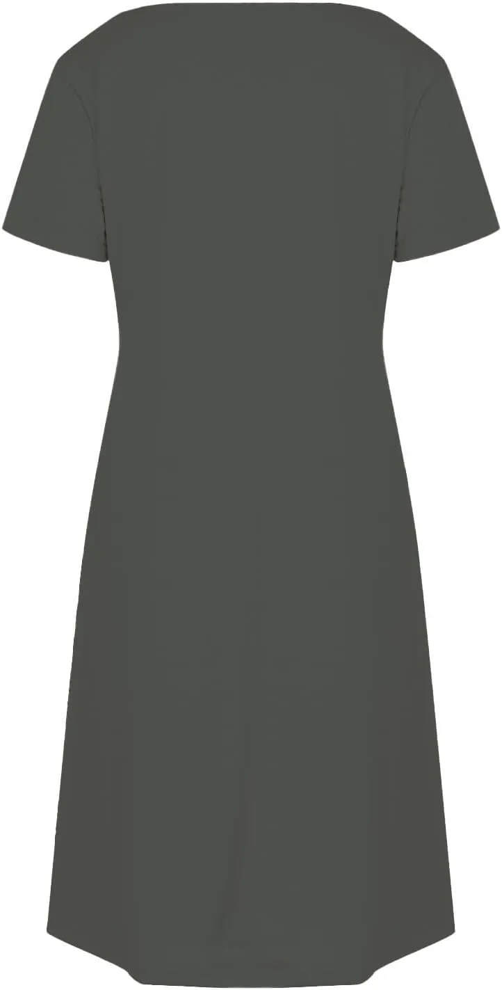 2025 Summer Dresses for Women Solid Color Short Sleeve Pleated A-Linen Dress Casual V-Neck Comfy Soft Home Dress