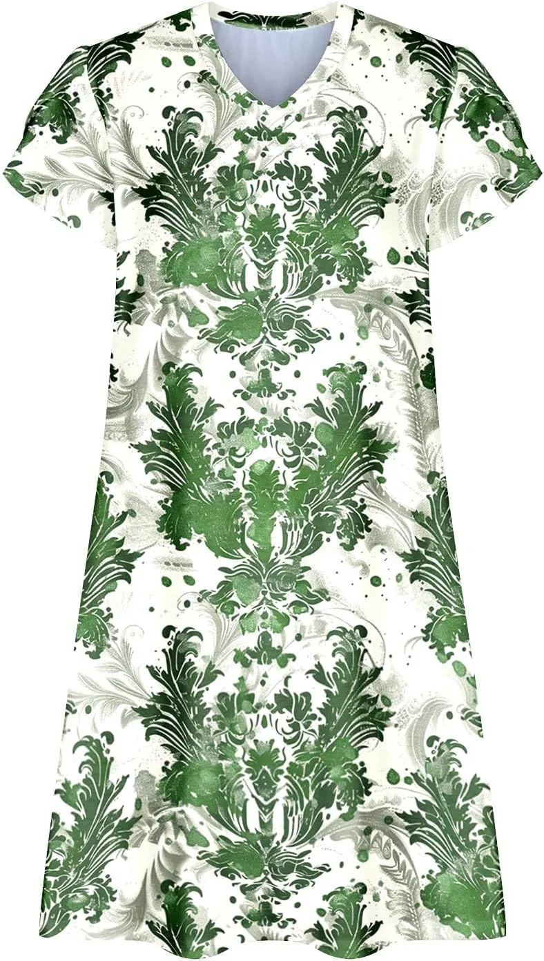 2025 Summer Womens Shirt Dresses Floral Graphic Print Short Petal Sleeve Casual Mini Dress w Pockets Loungewear