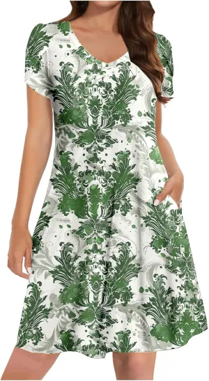 2025 Summer Womens Shirt Dresses Floral Graphic Print Short Petal Sleeve Casual Mini Dress w Pockets Loungewear