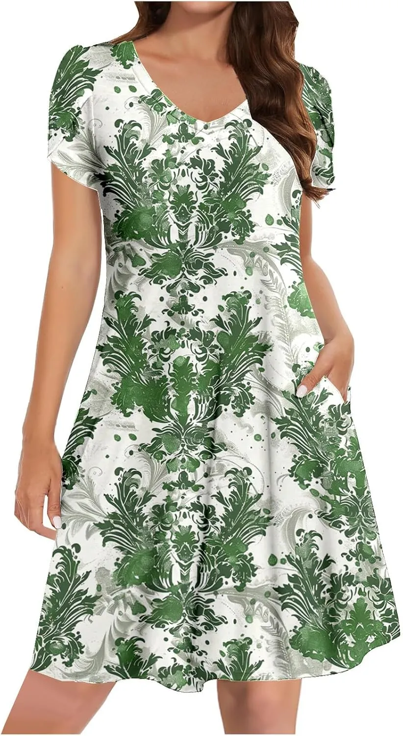 2025 Summer Womens Shirt Dresses Floral Graphic Print Short Petal Sleeve Casual Mini Dress w Pockets Loungewear