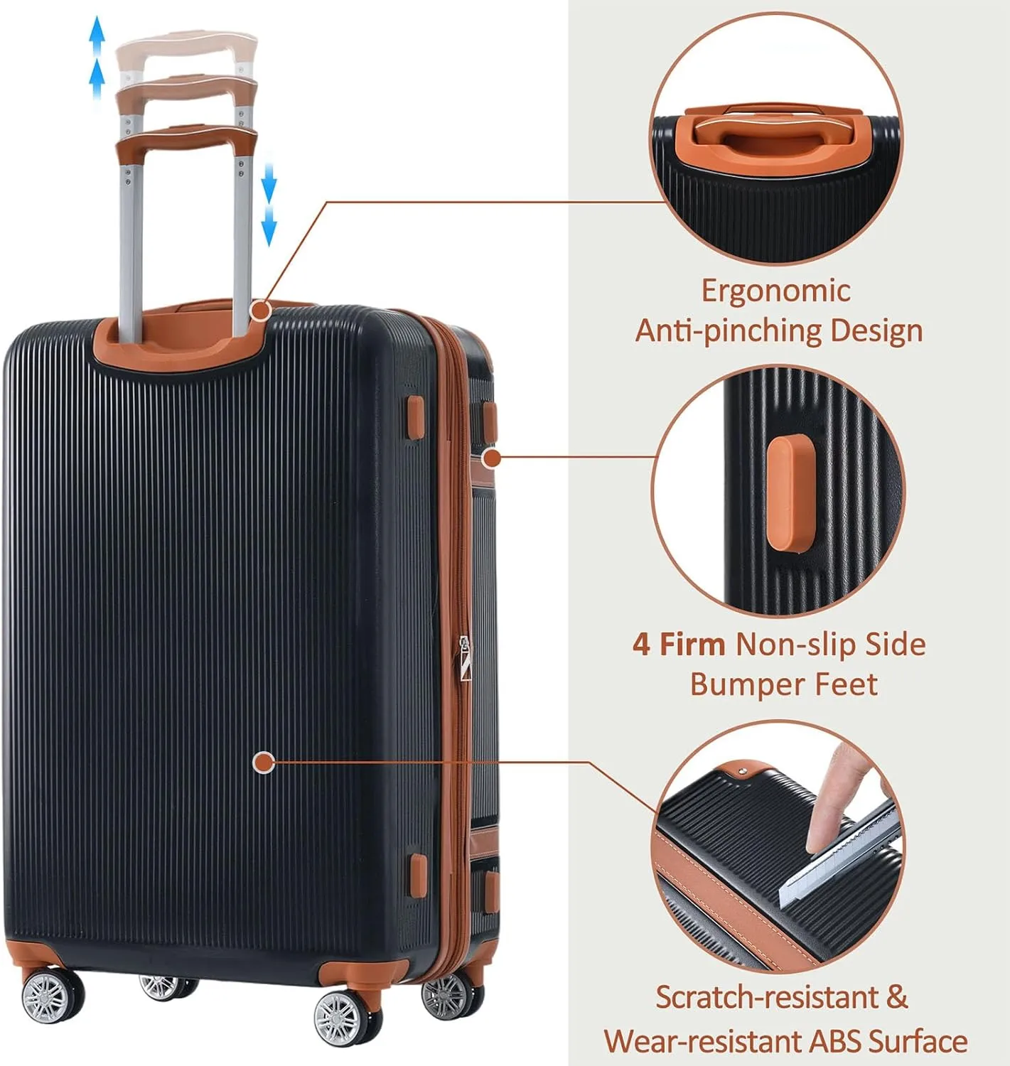 3 Piece ABS Hard Shell Suitcase Luggage Set with TSA Lock and Durable Corner Guards 8 Wheels Suitcase for Effortless Trave (Black and Brown)