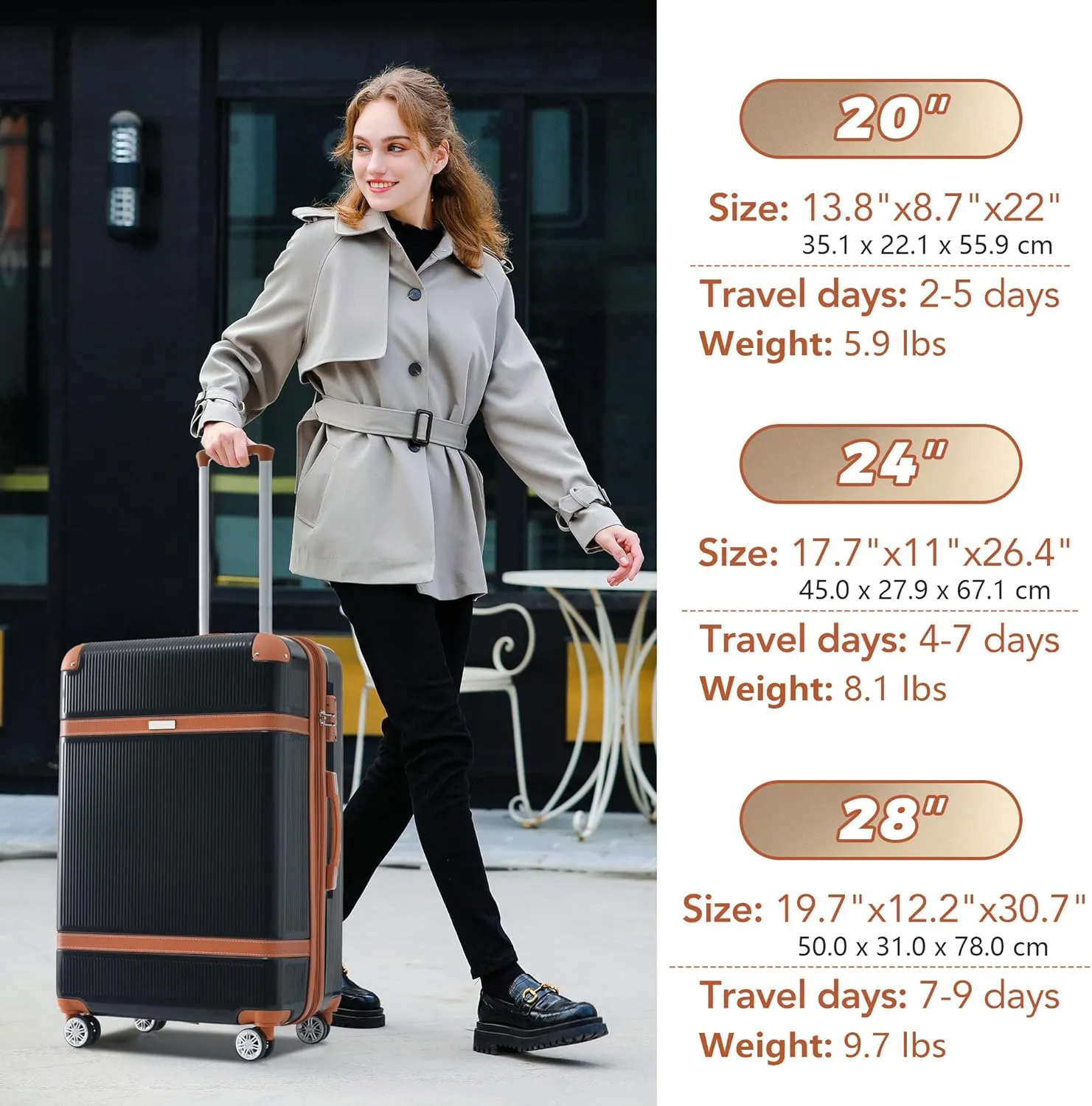 3 Piece ABS Hard Shell Suitcase Luggage Set with TSA Lock and Durable Corner Guards 8 Wheels Suitcase for Effortless Trave (Black and Brown)