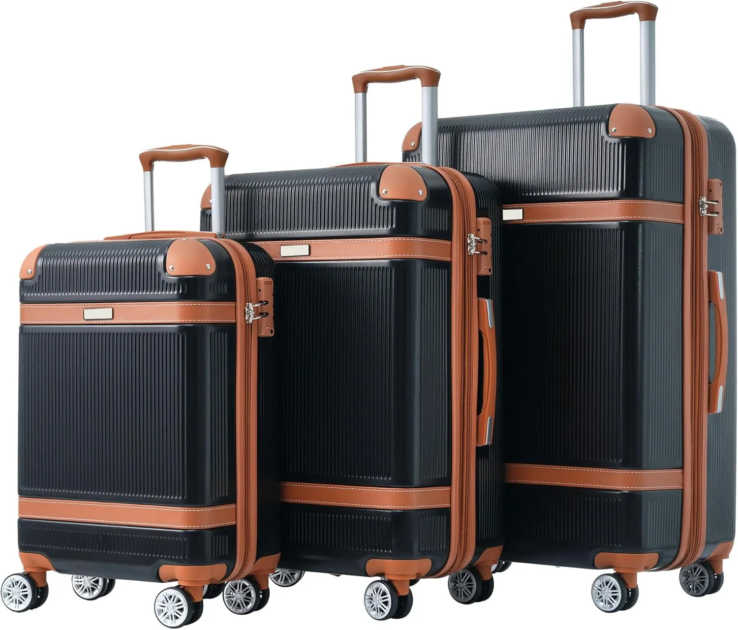 3 Piece ABS Hard Shell Suitcase Luggage Set with TSA Lock and Durable Corner Guards 8 Wheels Suitcase for Effortless Trave (Black and Brown)