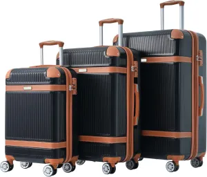 3 Piece ABS Hard Shell Suitcase Luggage Set with TSA Lock and Durable Corner Guards 8 Wheels Suitcase for Effortless Trave (Black and Brown)