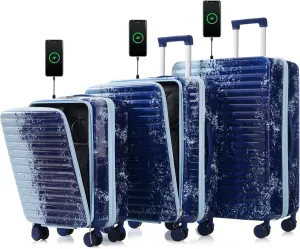 3 Piece Hard Shell Luggage Set with Front Pocket, TSA Lock, USB Interface & Spinner Wheels (20" 24" 28", Gradient Blue)
