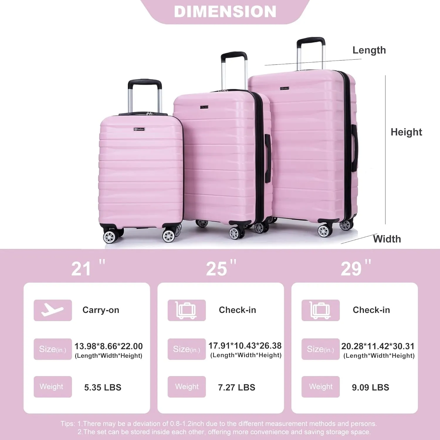 3-Piece Luggage Set (21", 25", 29"), Durable & Lightweight Expandable Suitcase with 360 Double Spinner Wheels, Two Hooks and TSA Lock, Carry-On & Checked Travel Gear Set (Pink)