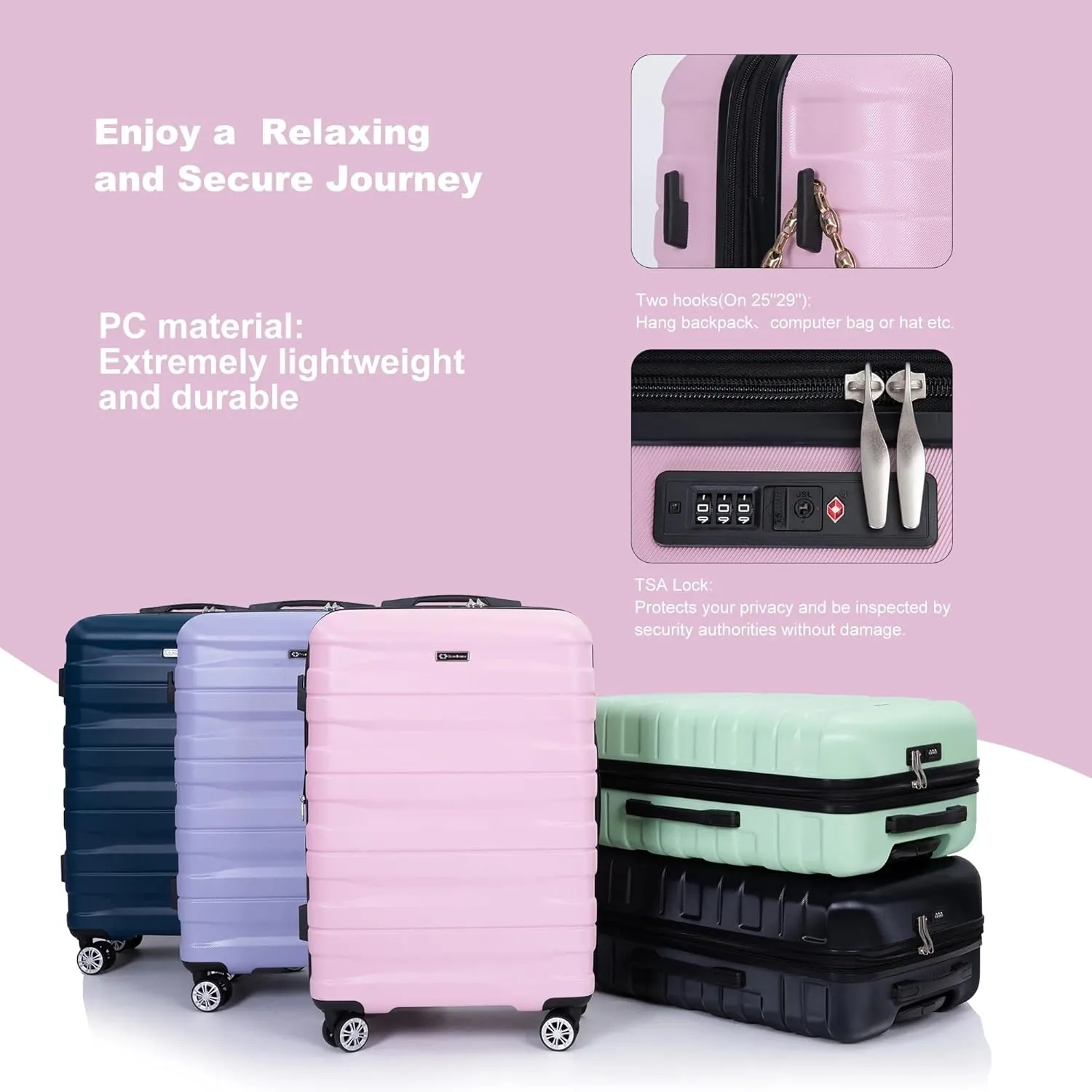3-Piece Luggage Set (21", 25", 29"), Durable & Lightweight Expandable Suitcase with 360 Double Spinner Wheels, Two Hooks and TSA Lock, Carry-On & Checked Travel Gear Set (Pink)