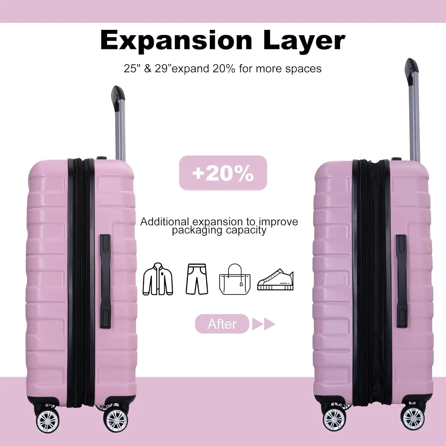 3-Piece Luggage Set (21", 25", 29"), Durable & Lightweight Expandable Suitcase with 360 Double Spinner Wheels, Two Hooks and TSA Lock, Carry-On & Checked Travel Gear Set (Pink)