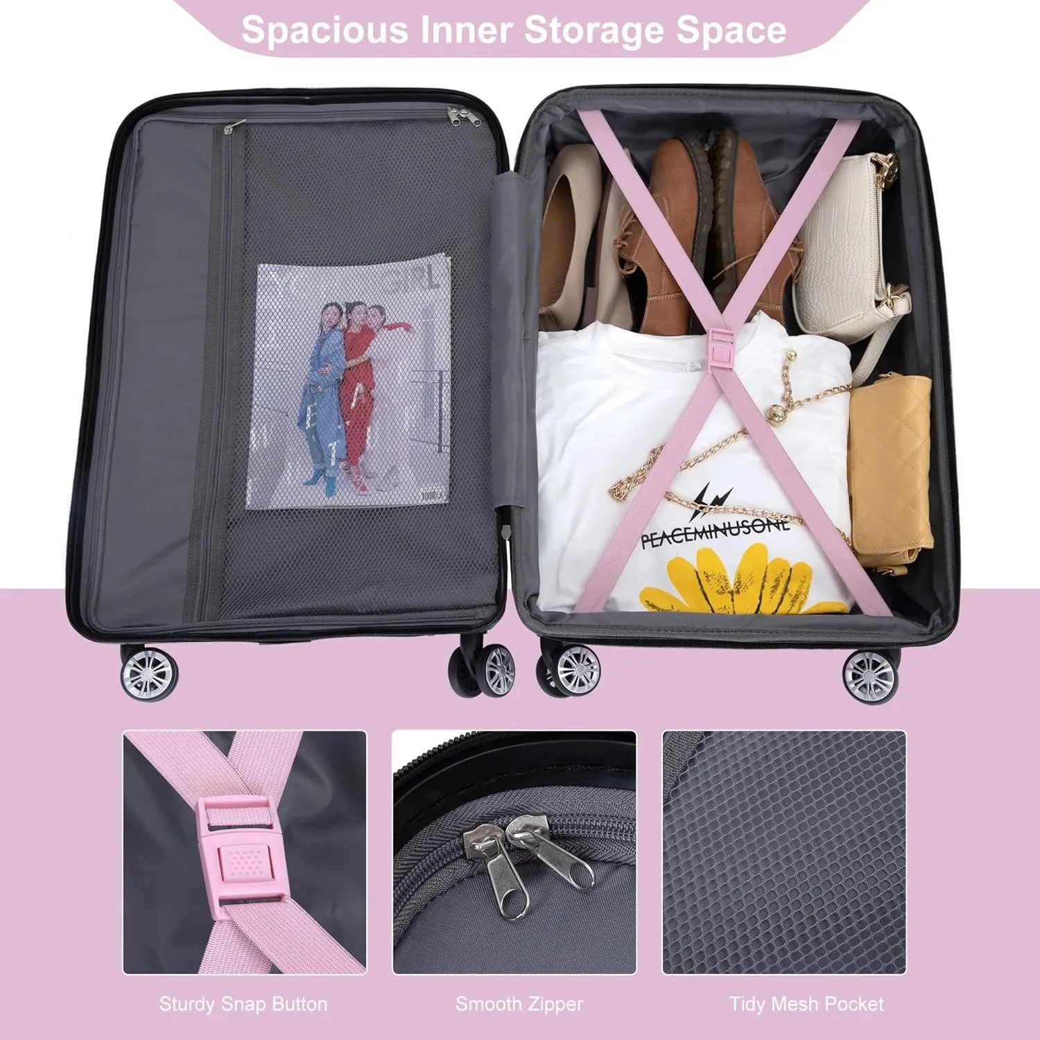 3-Piece Luggage Set (21", 25", 29"), Durable & Lightweight Expandable Suitcase with 360 Double Spinner Wheels, Two Hooks and TSA Lock, Carry-On & Checked Travel Gear Set (Pink)