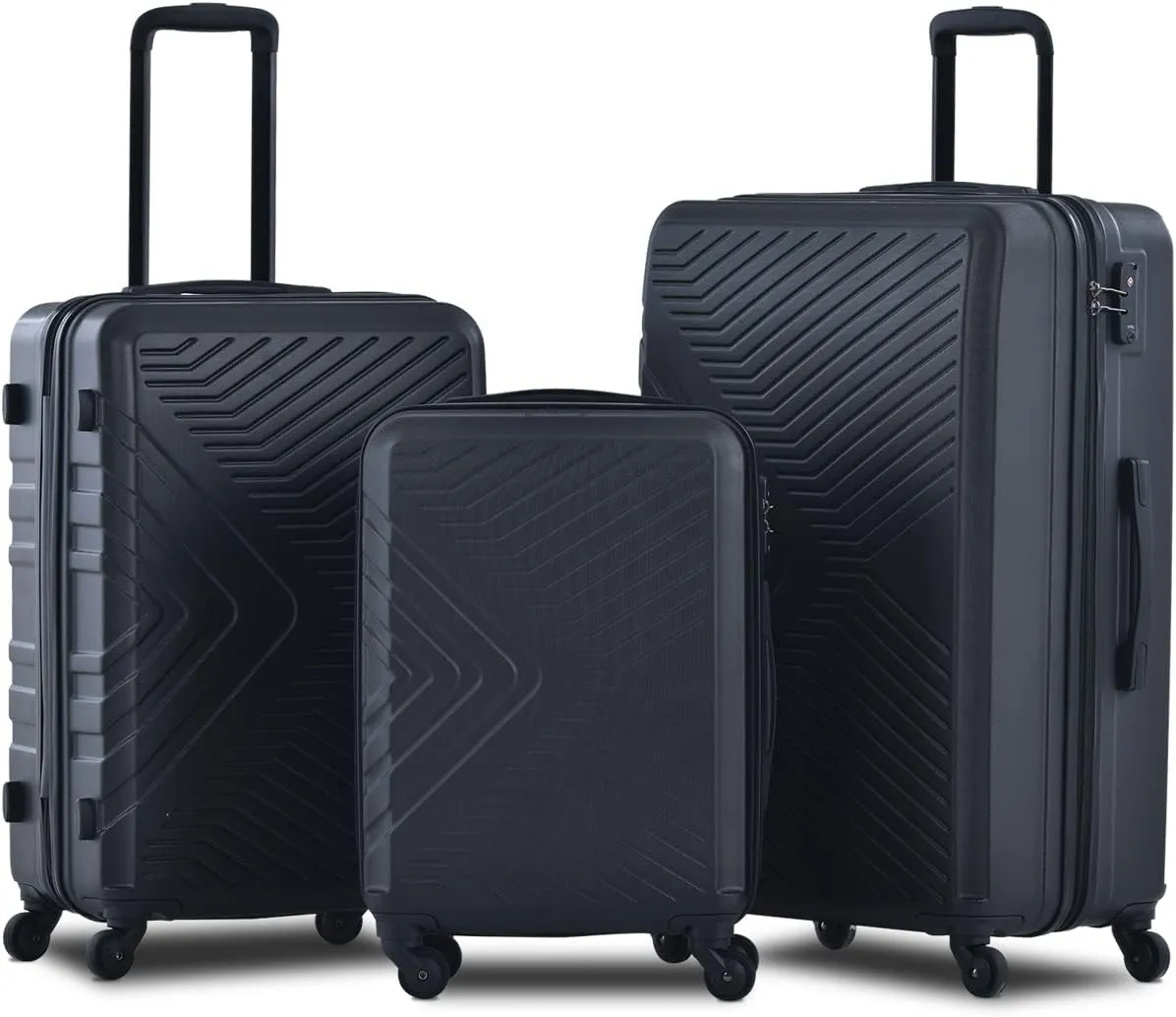 3 Piece Luggage Sets Abs Lightweight Suitcase with Two Hooks, Spinner Wheels and Tsa Lock, (20,24,28) Black