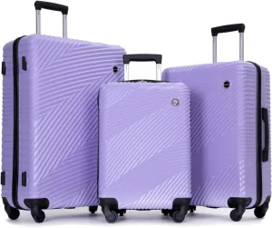 3 Piece Luggage Sets Pc Abs Lightweight Suitcase With Two Side Hooks, Spinner Wheels, (20/24/28) Light Purple