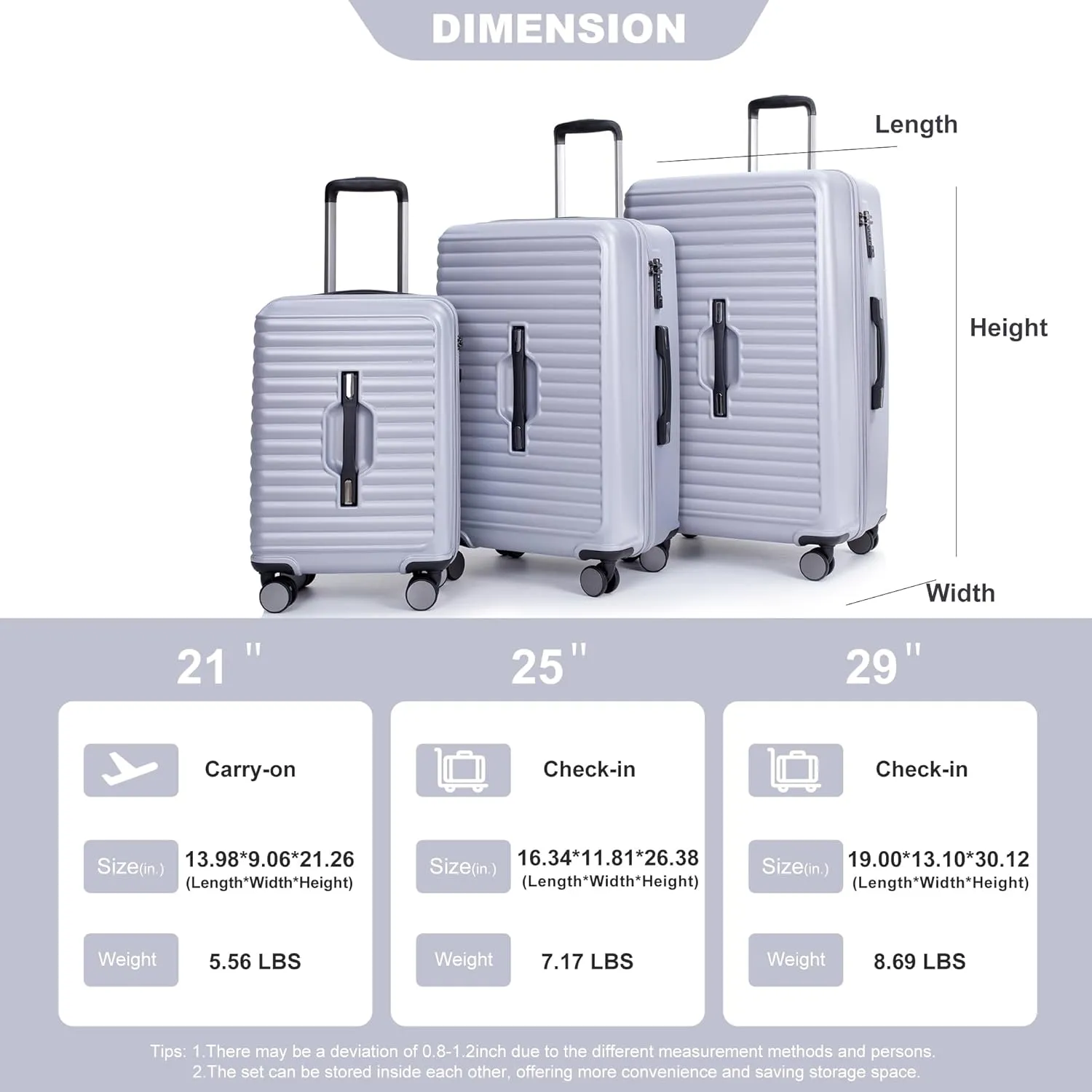 3 Piece Luggage Sets with TSA Lock, Lightweight Suitcase with 2 Hooks and 360 Degree Double Spinner Wheels for Men Women (21in/25in/29in)/(20in/24in/28in) Gray(21/25/29) As Shown One Size