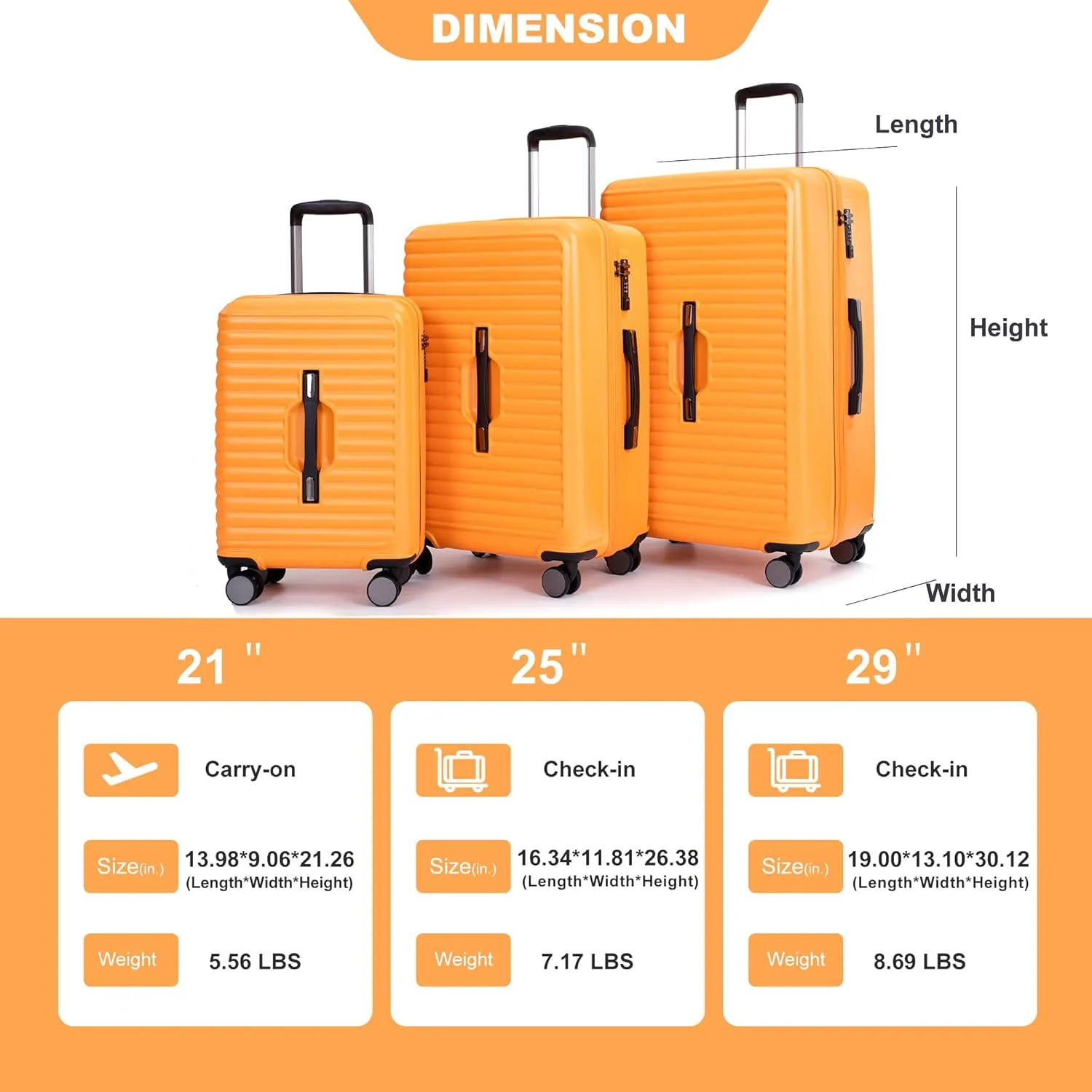 3 Piece Luggage Sets with TSA Lock, Lightweight Suitcase with 2 Hooks and 360 Degree Double Spinner Wheels for Men Women (21in/25in/29in)/(20in/24in/28in) Orange(20/24/28) As Shown One Size
