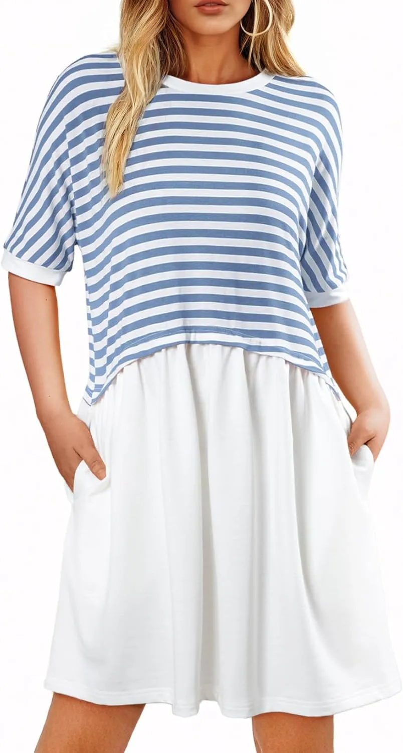 Acelitt Women Casual Summer Short Sleeve Crewneck Striped Dresses Loose Tshirt Dress,S-2XL
