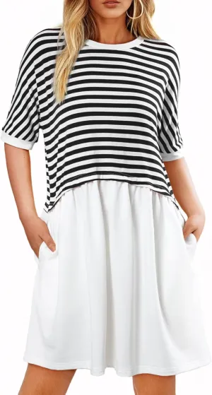 Acelitt Women Casual Summer Short Sleeve Crewneck Striped Dresses Loose Tshirt Dress,S-2XL