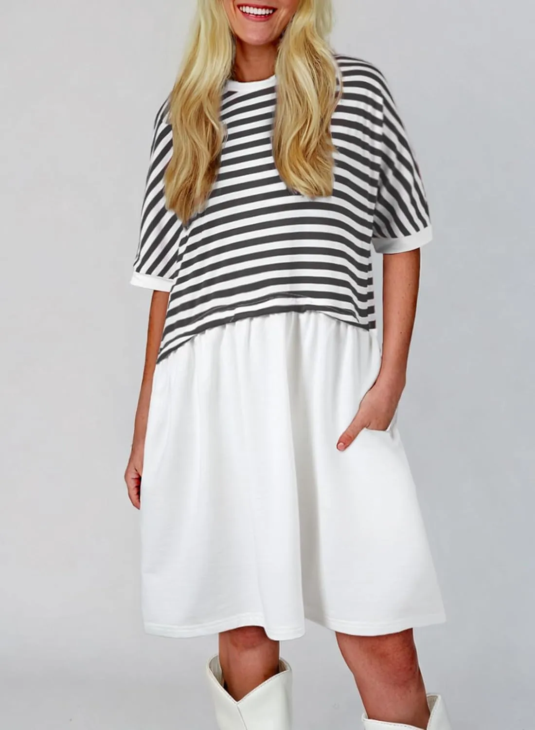 Acelitt Women Casual Summer Short Sleeve Crewneck Striped Dresses Loose Tshirt Dress,S-2XL