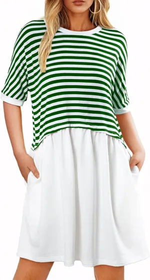 Acelitt Women Casual Summer Short Sleeve Crewneck Striped Dresses Loose Tshirt Dress,S-2XL