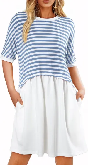 Acelitt Women Casual Summer Short Sleeve Crewneck Striped Dresses Loose Tshirt Dress,S-2XL